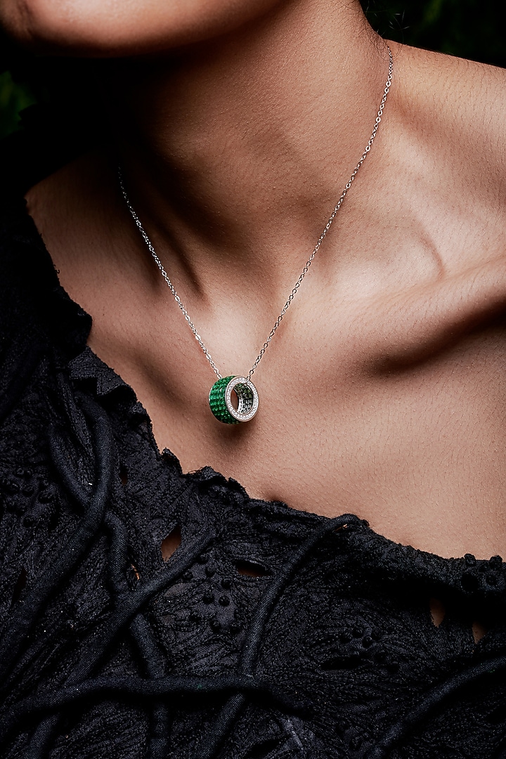 White Rhodium Finish Emerald Spinel Stone Pendant Necklace In Sterling Silver by MISS JO at Pernia's Pop Up Shop