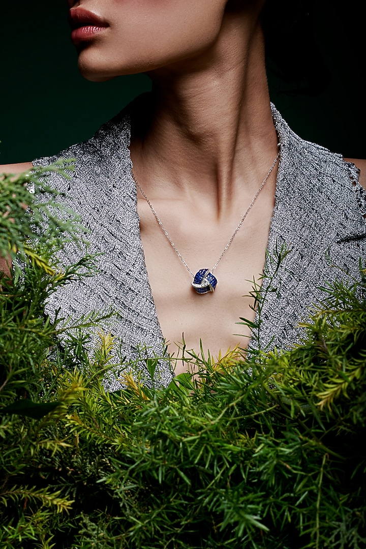 White Rhodium Finish Sapphire Blue Spinel Stone Pendant Necklace In Sterling Silver by MISS JO at Pernia's Pop Up Shop