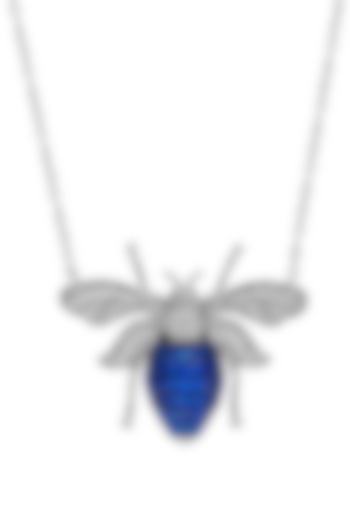 White Rhodium Finish Sapphire Honey Bee Pendant Necklace In Sterling Silver by MISS JO at Pernia's Pop Up Shop