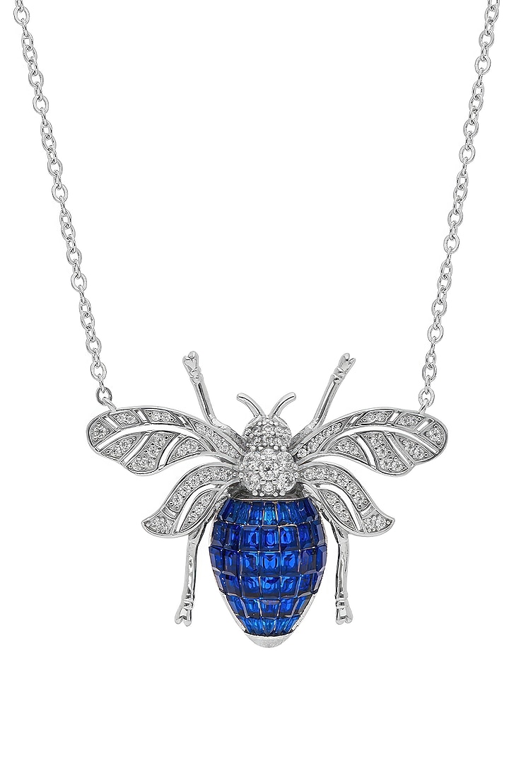 White Rhodium Finish Sapphire Honey Bee Pendant Necklace In Sterling Silver by MISS JO at Pernia's Pop Up Shop