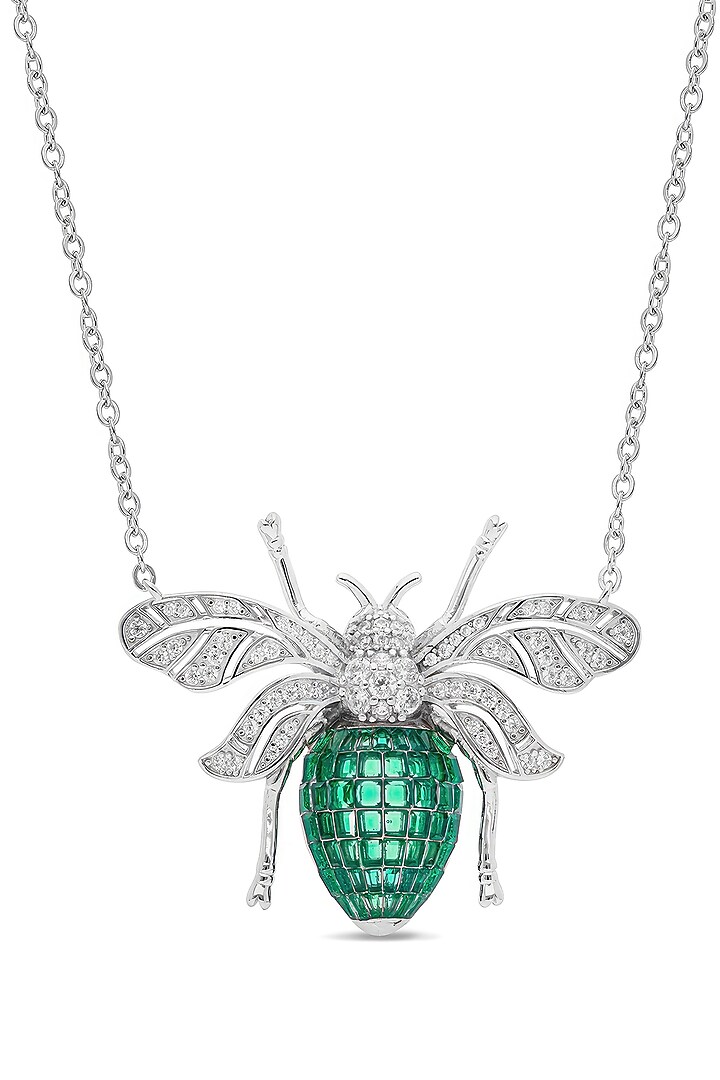 White Rhodium Finish Emerald Honey Bee Pendant Necklace In Sterling Silver by MISS JO at Pernia's Pop Up Shop