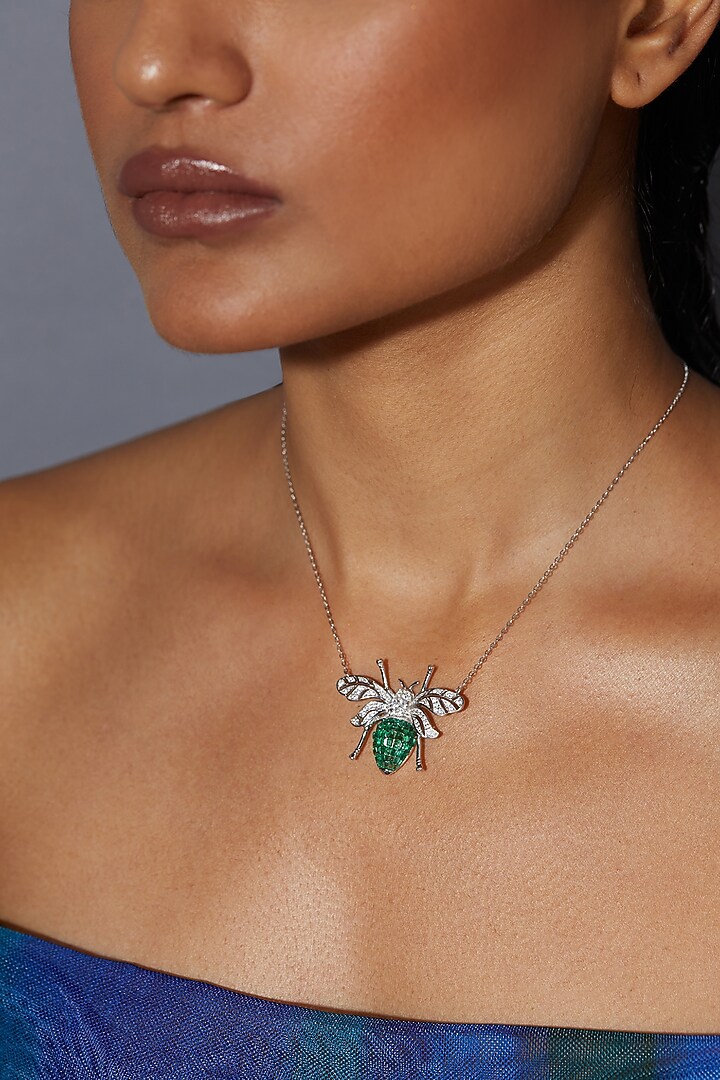 White Rhodium Finish Emerald Honey Bee Pendant Necklace In Sterling Silver by MISS JO at Pernia's Pop Up Shop