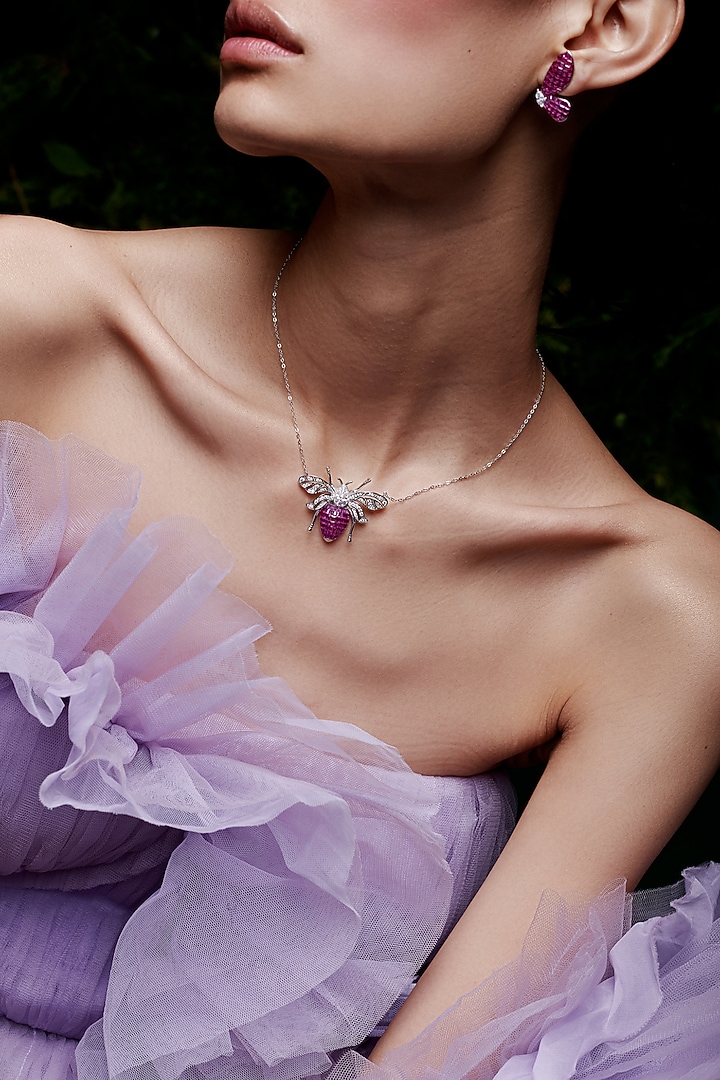 White Rhodium Finish Ruby Honey Bee Pendant Necklace In Sterling Silver by MISS JO at Pernia's Pop Up Shop