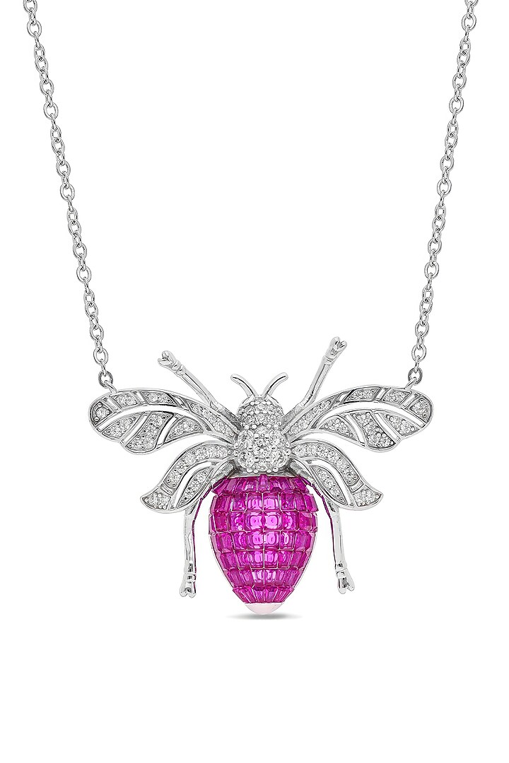 White Rhodium Finish Ruby Honey Bee Pendant Necklace In Sterling Silver by MISS JO at Pernia's Pop Up Shop