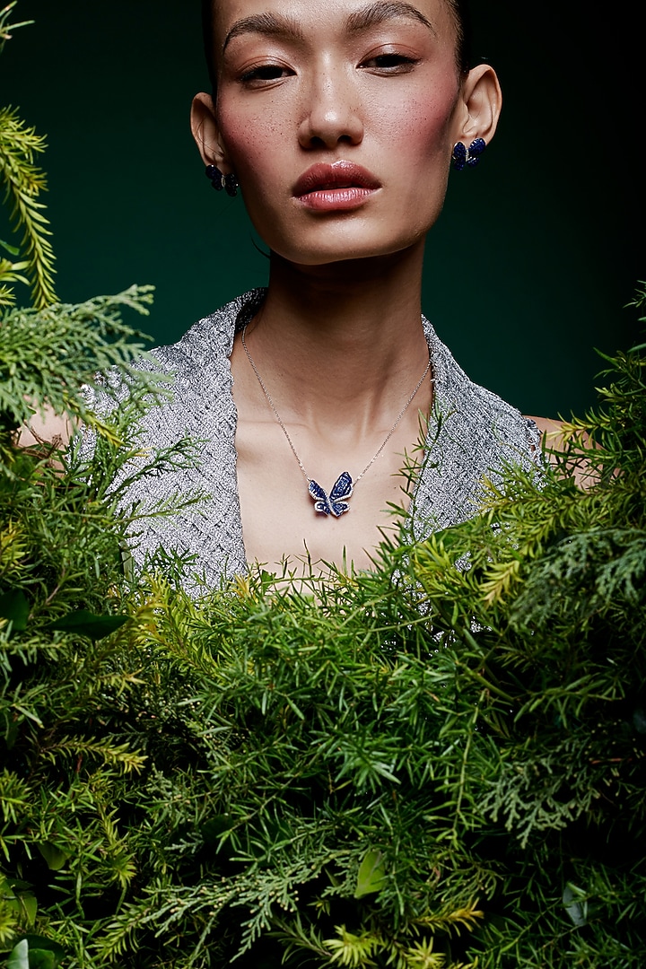 White Rhodium Finish Sapphire Spinel Stone Butterfly Pendant Necklace In Sterling Silver by MISS JO at Pernia's Pop Up Shop