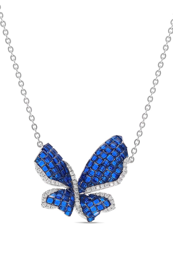 White Rhodium Finish Sapphire Spinel Stone Butterfly Pendant Necklace In Sterling Silver by MISS JO at Pernia's Pop Up Shop