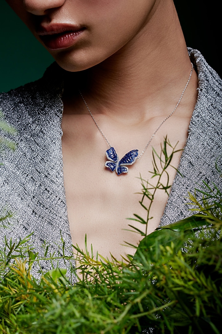 White Rhodium Finish Sapphire Spinel Stone Butterfly Pendant Necklace In Sterling Silver by MISS JO at Pernia's Pop Up Shop