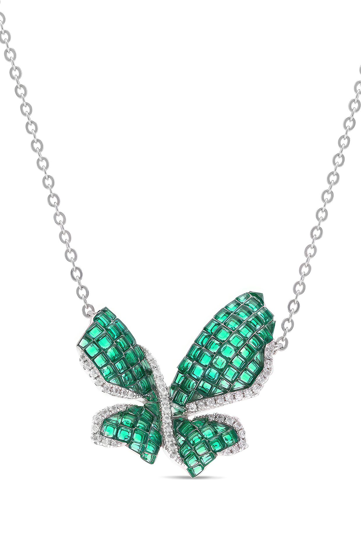 White Rhodium Finish Emerald Spinel Stone Butterfly Pendant Necklace In Sterling Silver by MISS JO at Pernia's Pop Up Shop