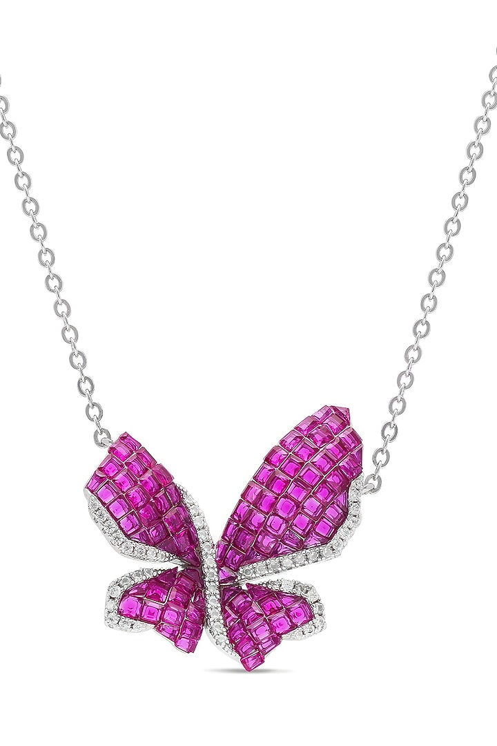 White Rhodium Finish Ruby Spinel Stone Butterfly Pendant Necklace In Sterling Silver by MISS JO at Pernia's Pop Up Shop