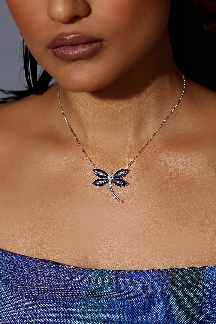 White Rhodium Finish Sapphire Spinel Stone Dragonfly Pendant Necklace In Sterling Silver by MISS JO at Pernia's Pop Up Shop