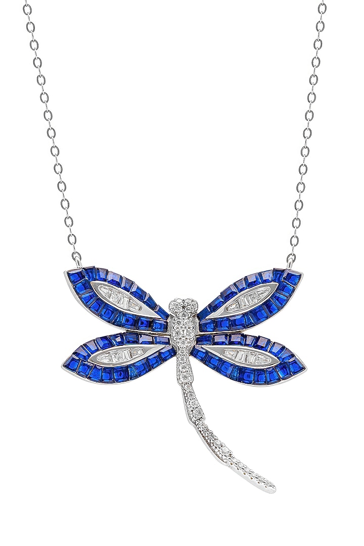 White Rhodium Finish Sapphire Spinel Stone Dragonfly Pendant Necklace In Sterling Silver by MISS JO at Pernia's Pop Up Shop