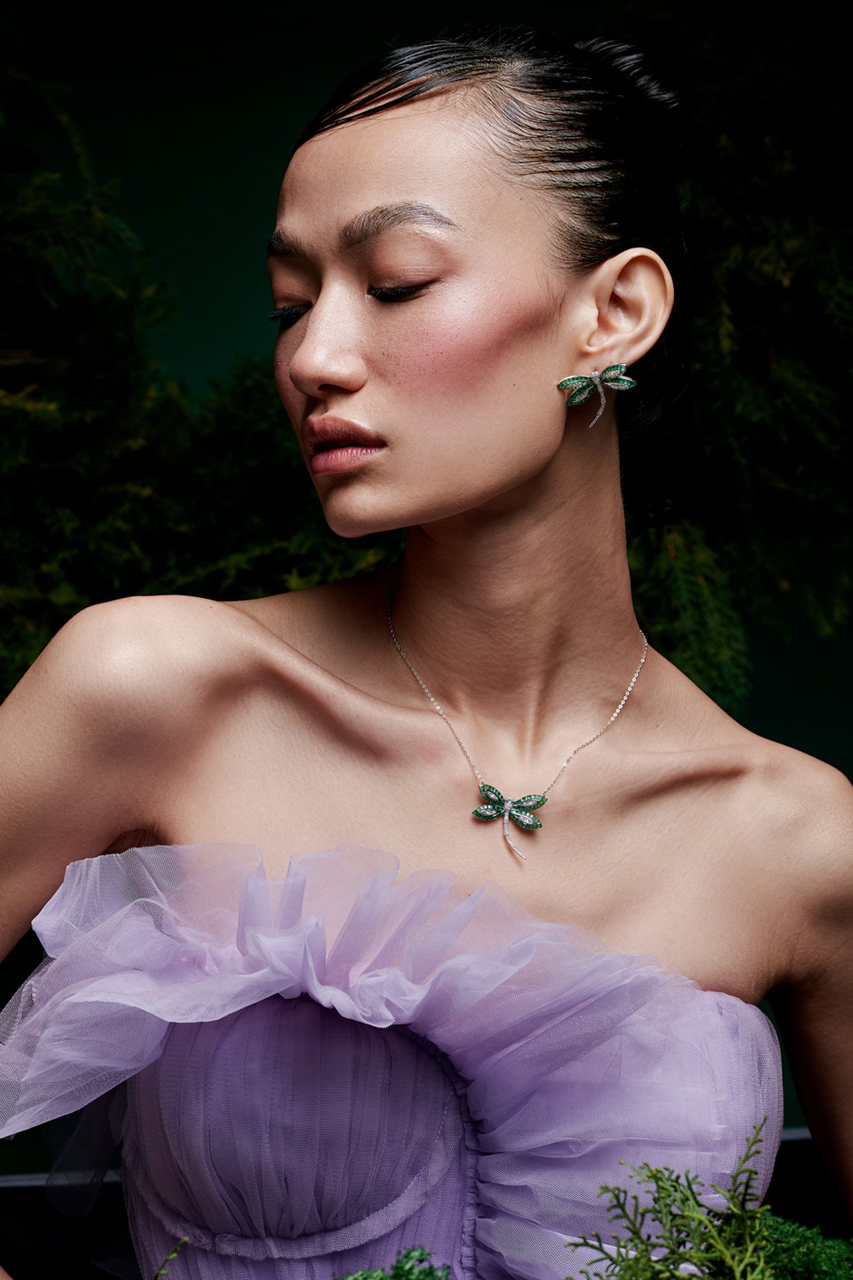 White Rhodium Finish Emerald Spinel Stone Dragonfly Pendant Necklace In Sterling Silver by MISS JO at Pernia's Pop Up Shop