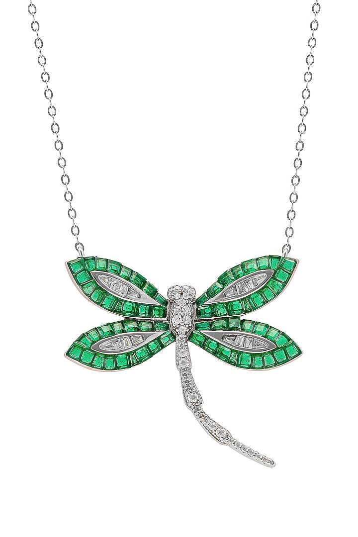 White Rhodium Finish Emerald Spinel Stone Dragonfly Pendant Necklace In Sterling Silver by MISS JO at Pernia's Pop Up Shop