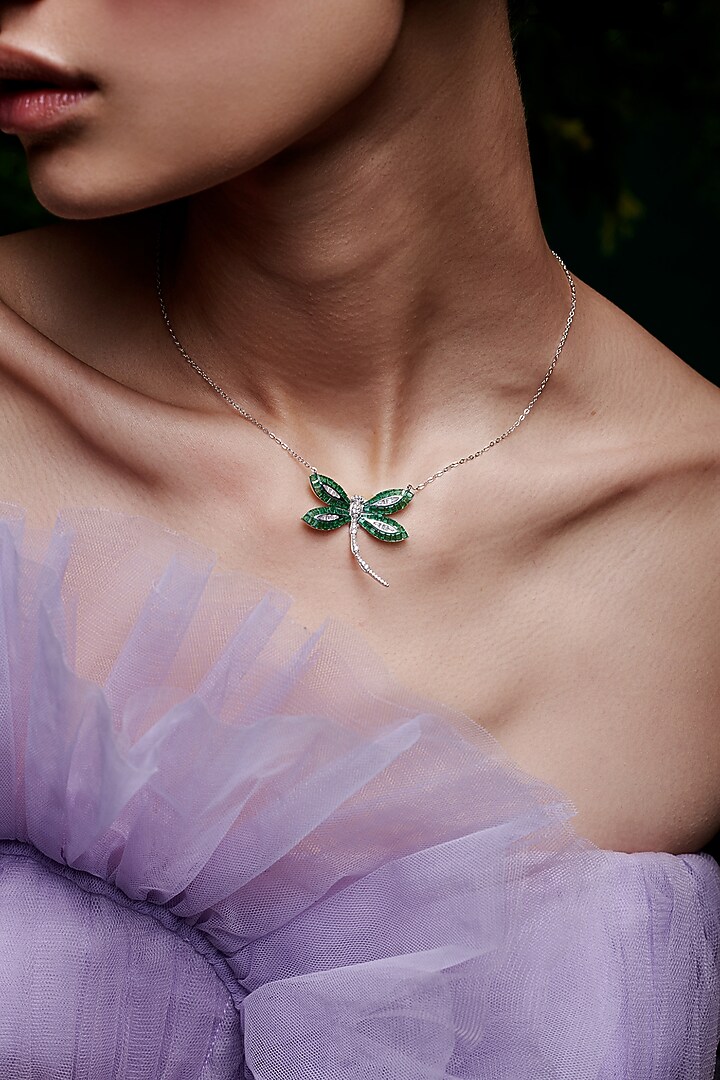 White Rhodium Finish Emerald Spinel Stone Dragonfly Pendant Necklace In Sterling Silver by MISS JO at Pernia's Pop Up Shop