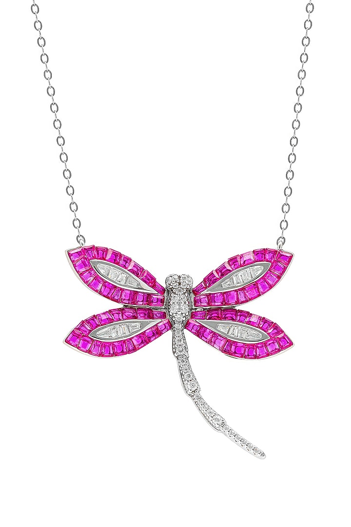 White Rhodium Finish Ruby Spinel Stone Dragonfly Pendant Necklace In Sterling Silver by MISS JO at Pernia's Pop Up Shop