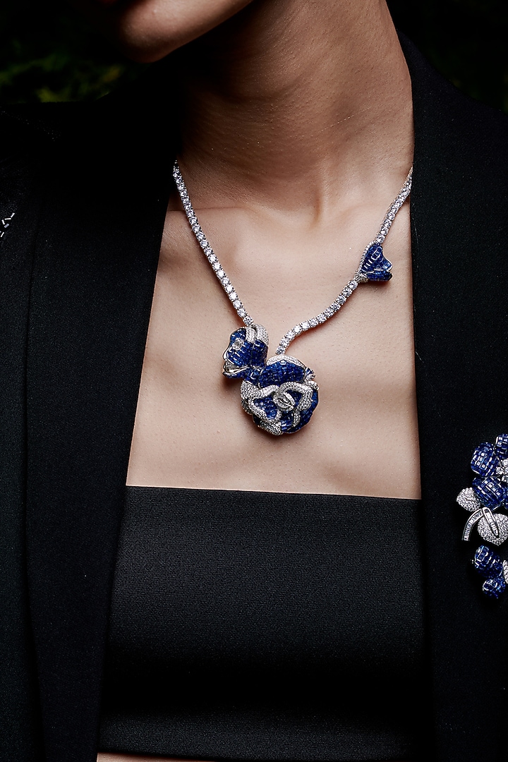 White Rhodium Finish Sapphire Floral Butterfly Pendant Necklace In Sterling Silver by MISS JO at Pernia's Pop Up Shop