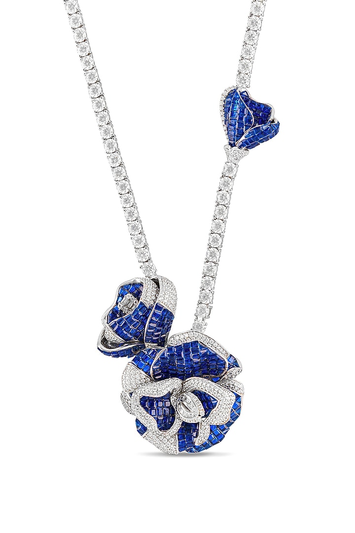 White Rhodium Finish Sapphire Floral Butterfly Pendant Necklace In Sterling Silver by MISS JO at Pernia's Pop Up Shop