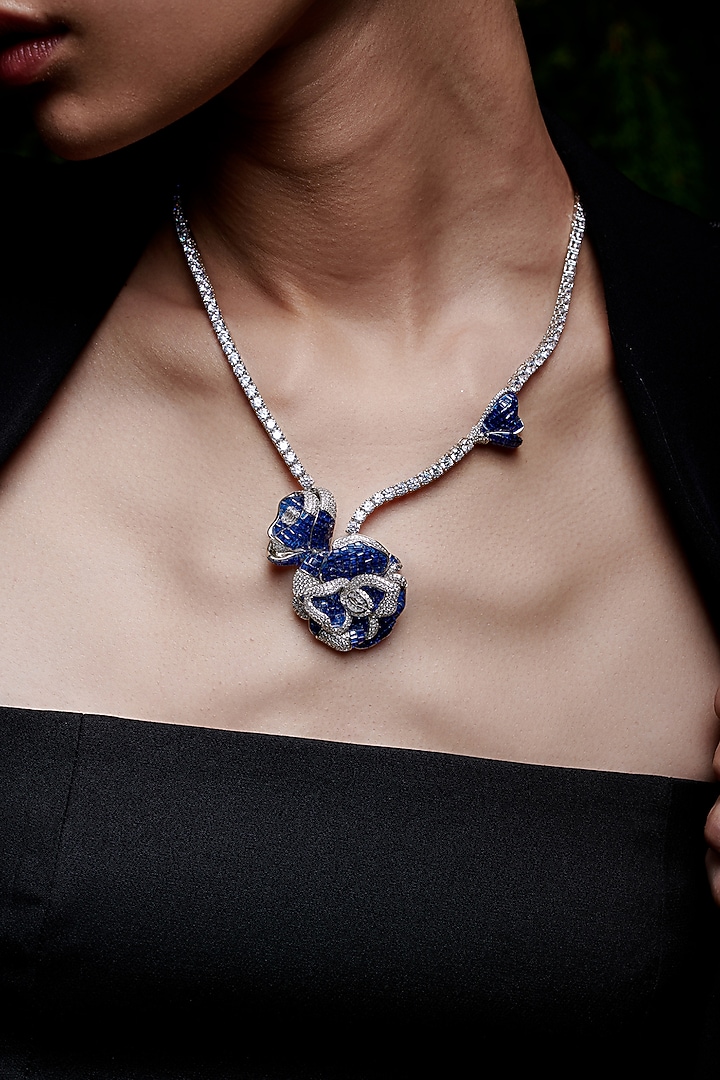 White Rhodium Finish Sapphire Floral Butterfly Pendant Necklace In Sterling Silver by MISS JO at Pernia's Pop Up Shop