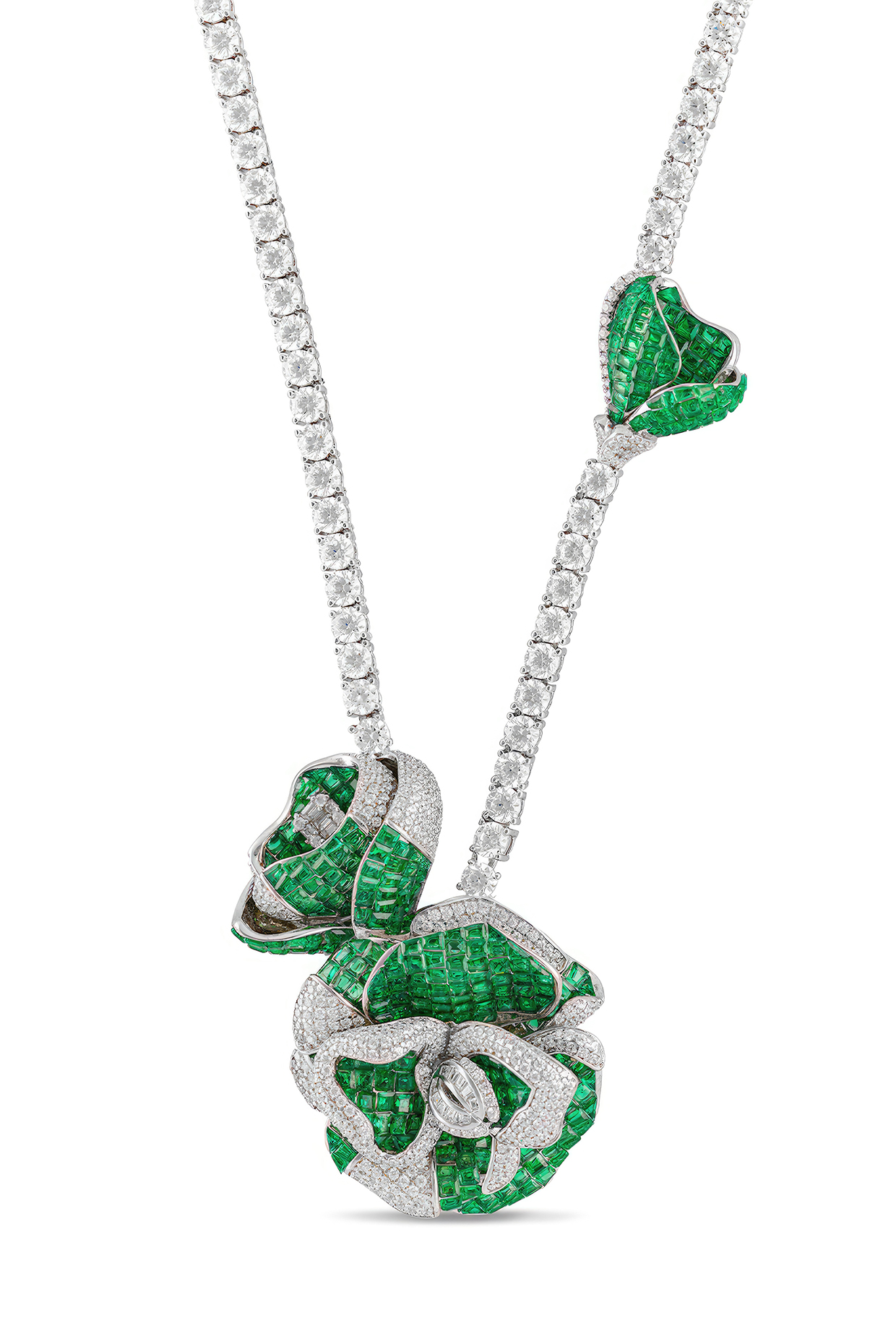 White Rhodium Finish Emerald Floral Butterfly Pendant Necklace In Sterling Silver by MISS JO at Pernia's Pop Up Shop