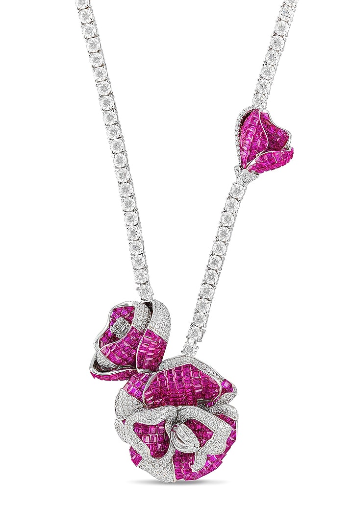 White Rhodium Finish Ruby Floral Butterfly Pendant Necklace In Sterling Silver by MISS JO at Pernia's Pop Up Shop