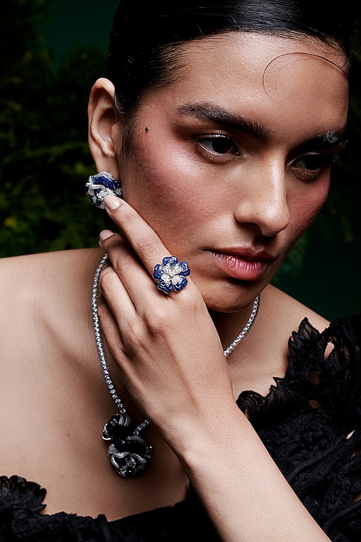 White Rhodium Finish Sapphire Spinel Stone Ring In Sterling Silver by MISS JO at Pernia's Pop Up Shop