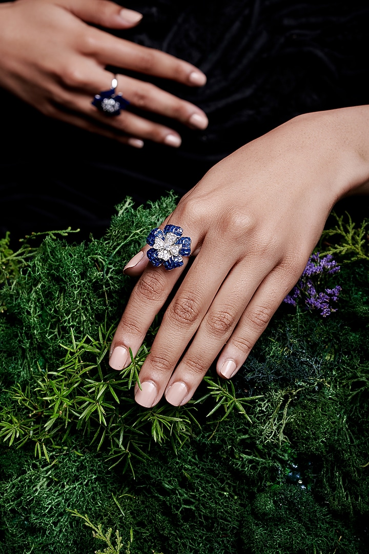 White Rhodium Finish Sapphire Spinel Stone Ring In Sterling Silver by MISS JO at Pernia's Pop Up Shop