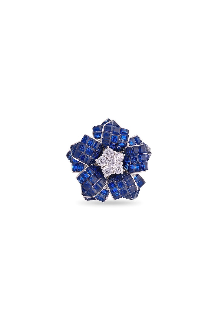 White Rhodium Finish Cubic Zirconia & Sapphire Floral Ring In Sterling Silver by MISS JO at Pernia's Pop Up Shop