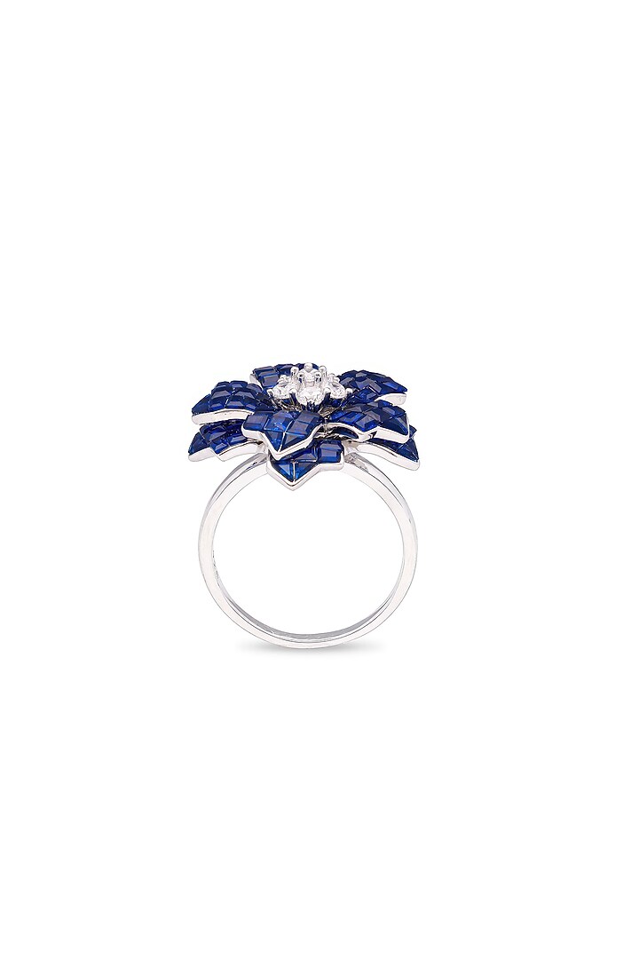 White Rhodium Finish Cubic Zirconia & Sapphire Floral Ring In Sterling Silver by MISS JO at Pernia's Pop Up Shop