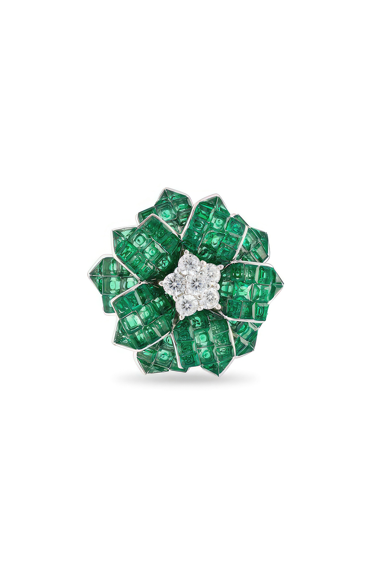 White Rhodium Finish Cubic Zirconia & Emerald Spinel Stone Floral Ring In Sterling Silver by MISS JO at Pernia's Pop Up Shop