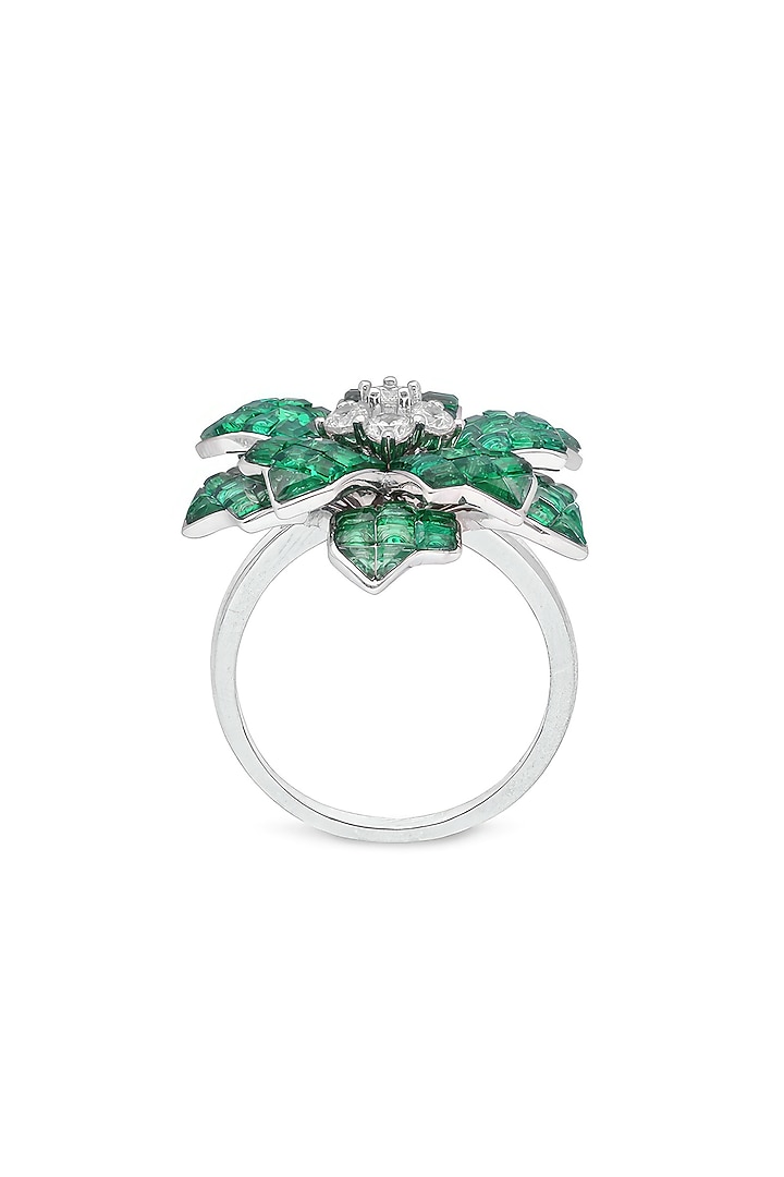 White Rhodium Finish Cubic Zirconia & Emerald Spinel Stone Floral Ring In Sterling Silver by MISS JO at Pernia's Pop Up Shop