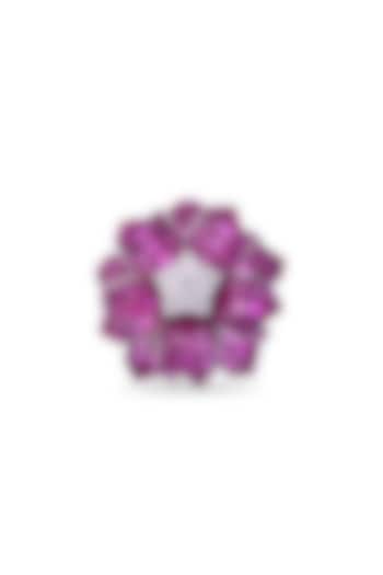 White Rhodium Finish Cubic Zirconia & Ruby Floral Ring In Sterling Silver by MISS JO at Pernia's Pop Up Shop