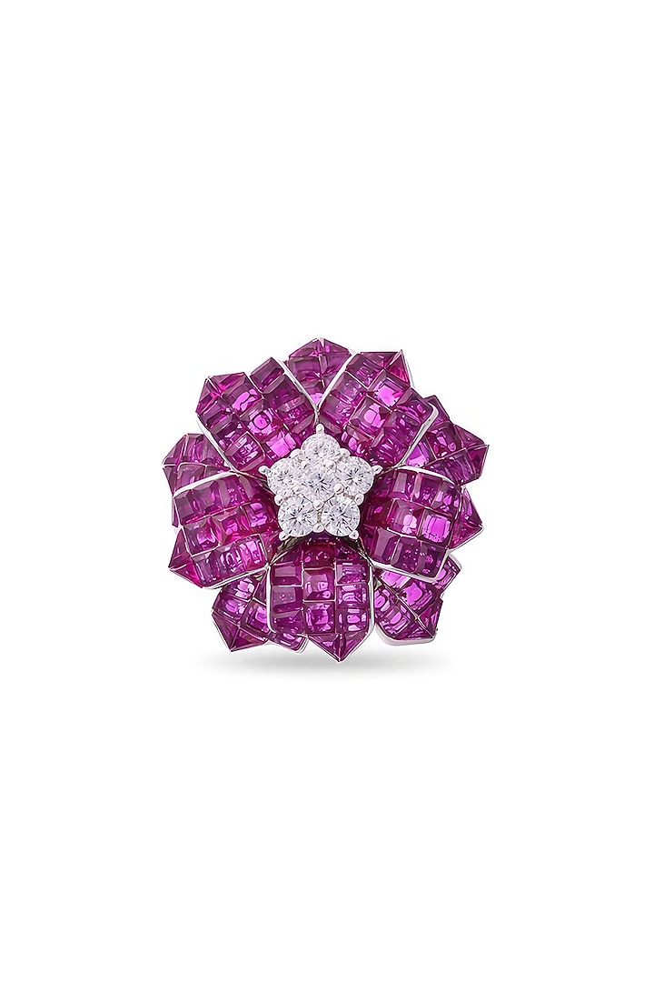 White Rhodium Finish Cubic Zirconia & Ruby Floral Ring In Sterling Silver by MISS JO at Pernia's Pop Up Shop