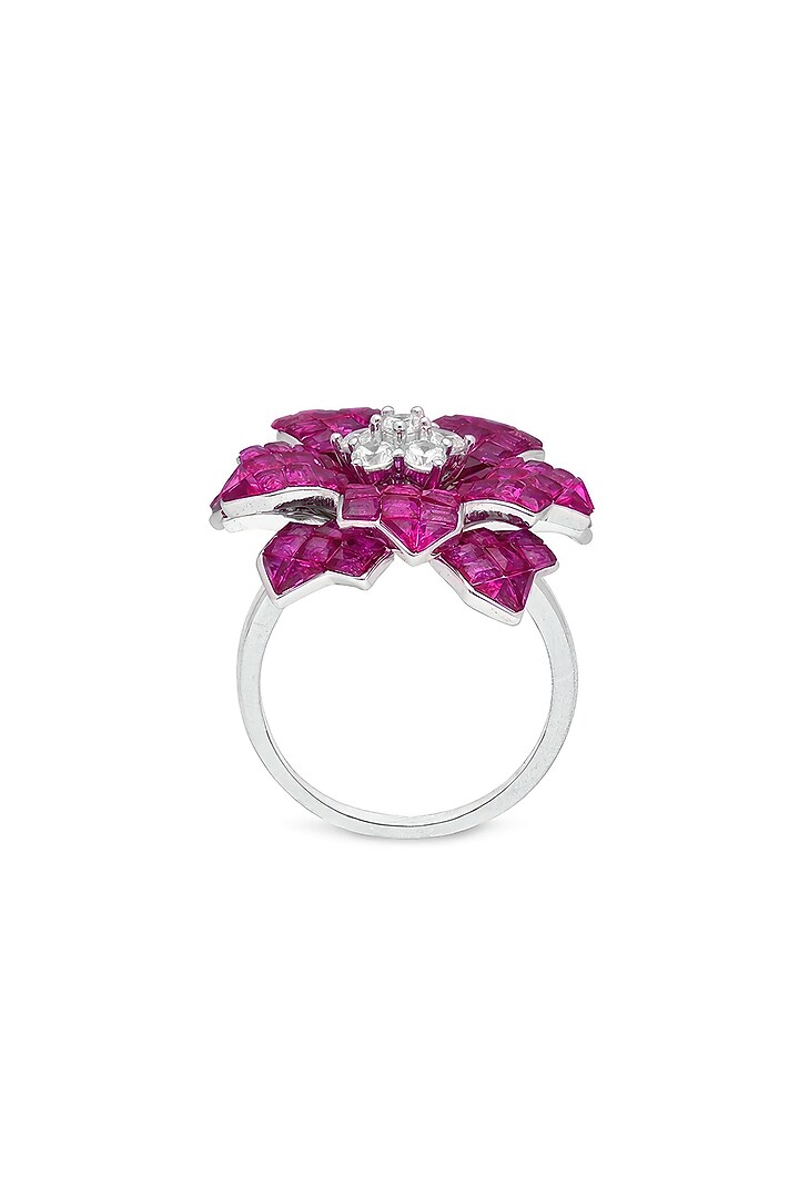 White Rhodium Finish Cubic Zirconia & Ruby Floral Ring In Sterling Silver by MISS JO at Pernia's Pop Up Shop