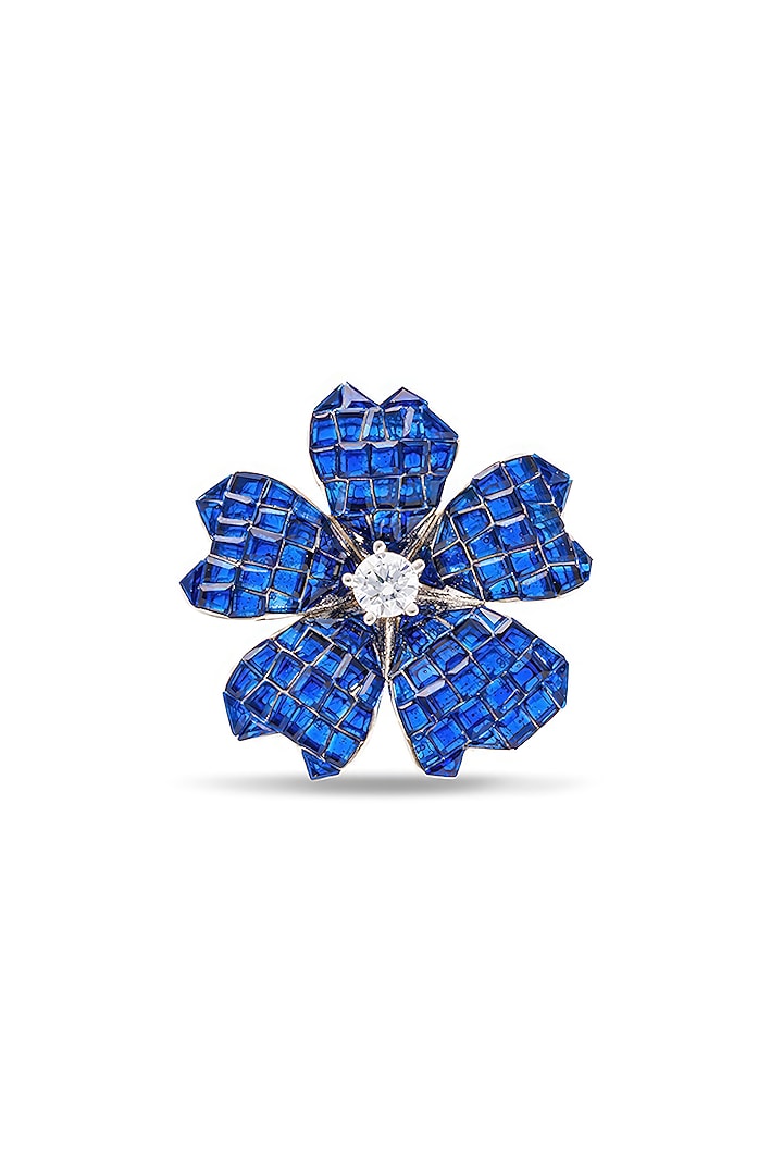 White Rhodium Finish Sapphire Spinel Stone Floral Ring In Sterling Silver by MISS JO at Pernia's Pop Up Shop