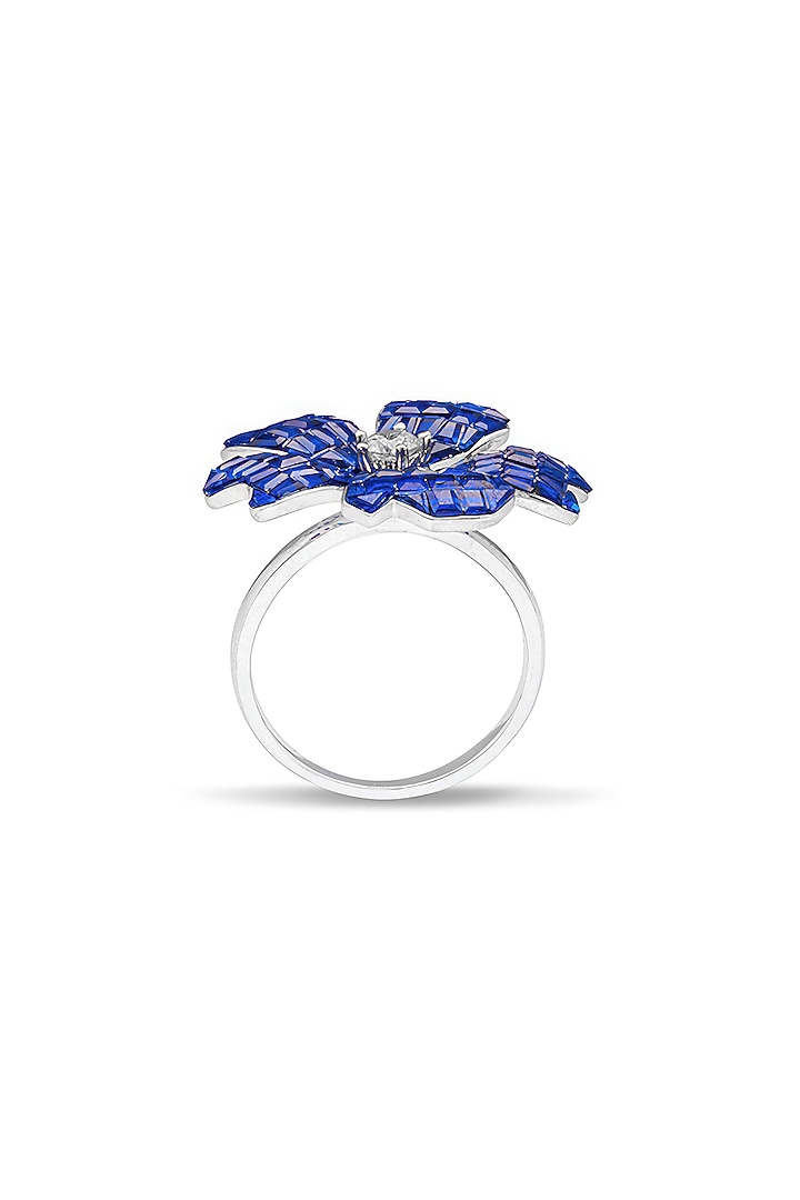 White Rhodium Finish Sapphire Spinel Stone Floral Ring In Sterling Silver by MISS JO at Pernia's Pop Up Shop