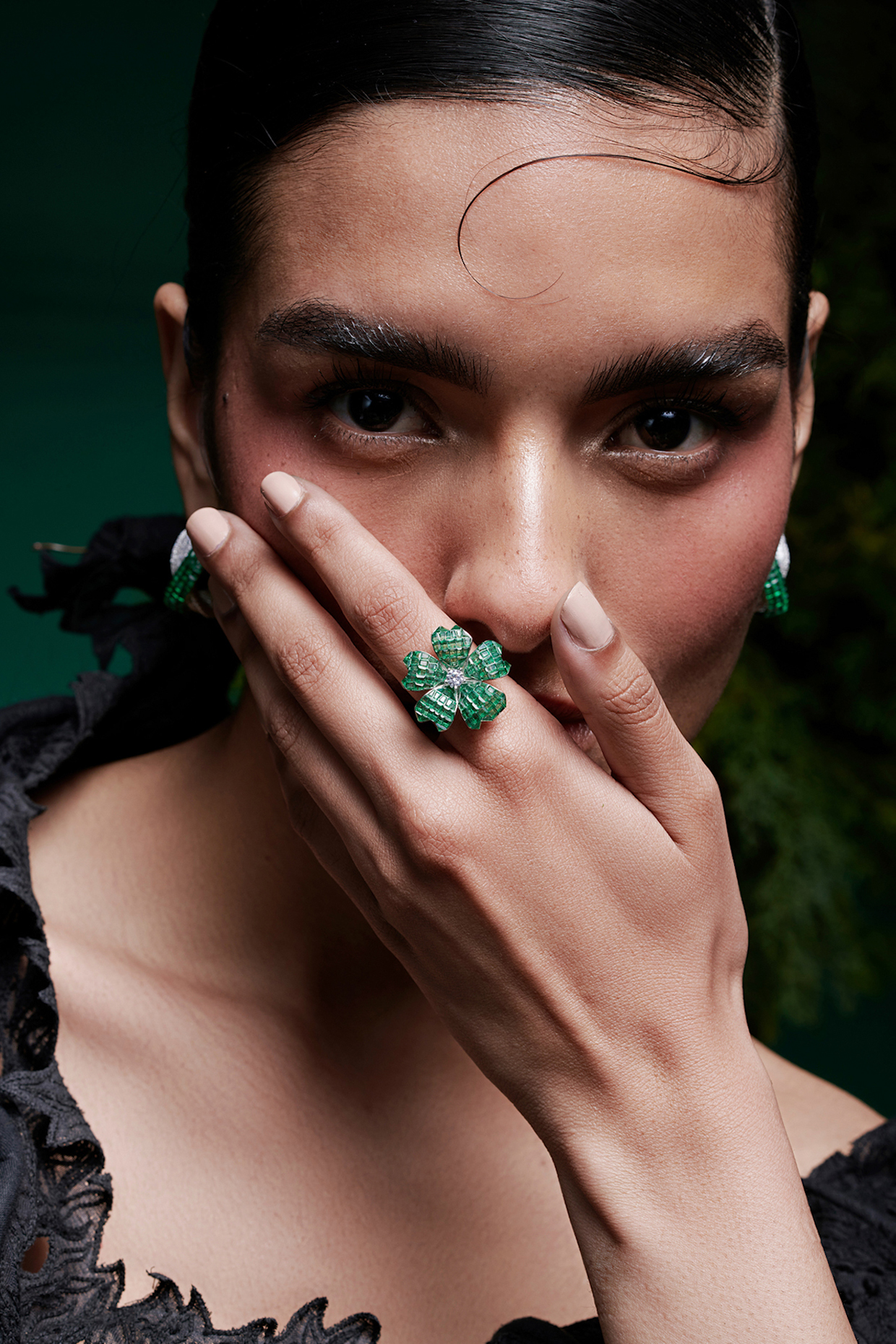 White Rhodium Finish Emerald Spinel Stone Floral Ring In Sterling Silver by MISS JO at Pernia's Pop Up Shop