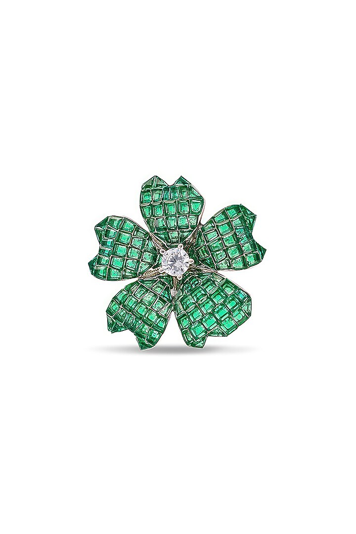 White Rhodium Finish Emerald Spinel Stone Floral Ring In Sterling Silver by MISS JO at Pernia's Pop Up Shop