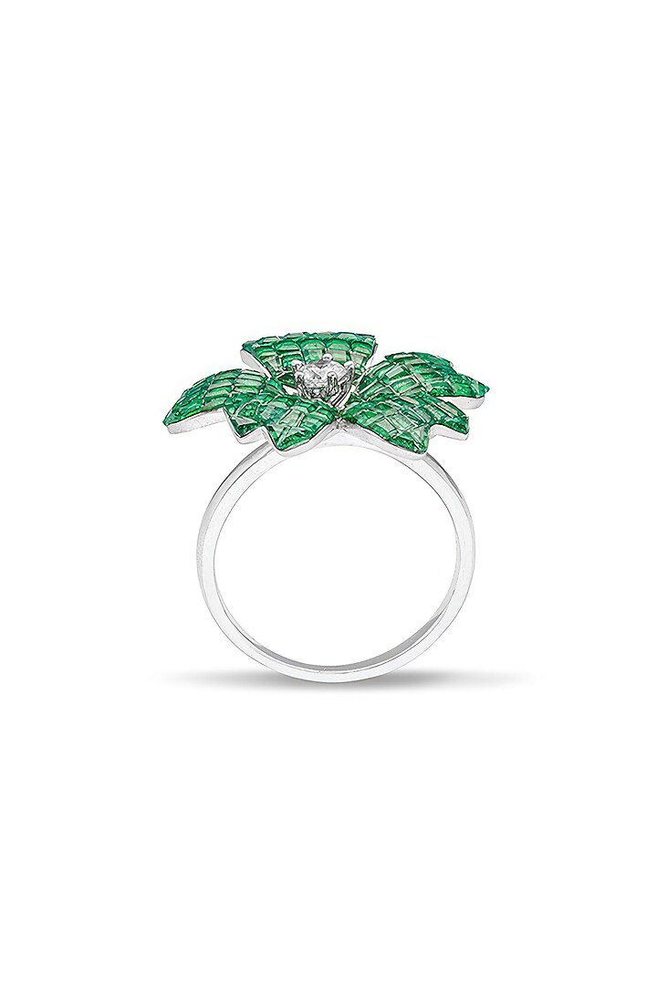 White Rhodium Finish Emerald Spinel Stone Floral Ring In Sterling Silver by MISS JO at Pernia's Pop Up Shop