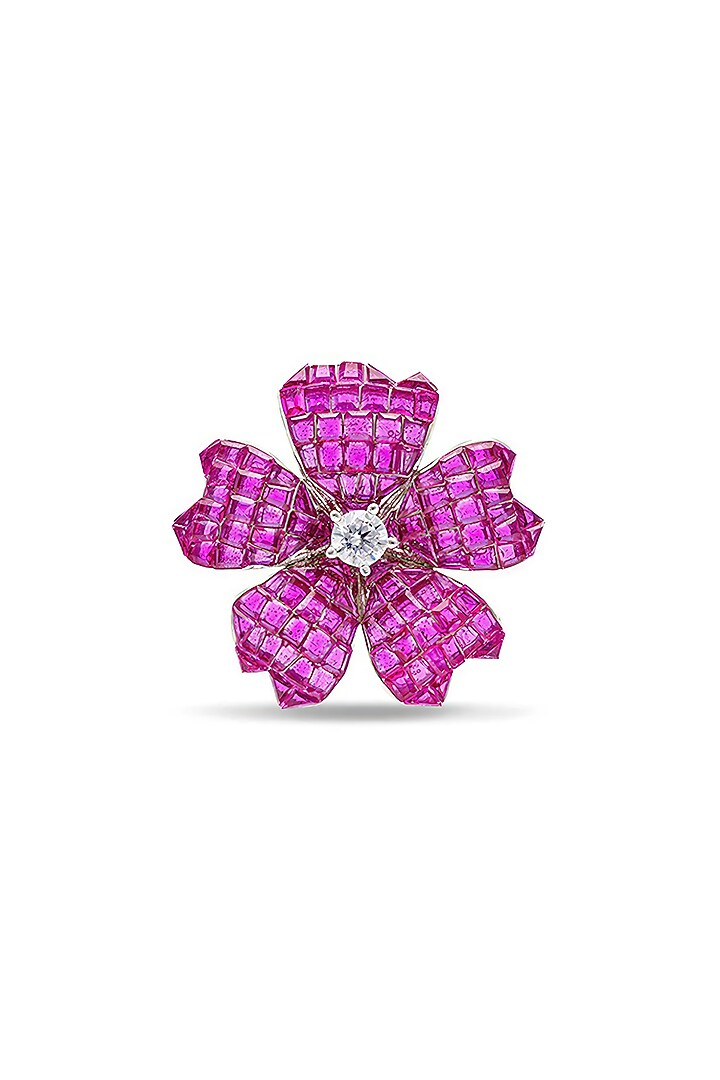 White Rhodium Finish Ruby Spinel Stone Floral Ring In Sterling Silver by MISS JO at Pernia's Pop Up Shop