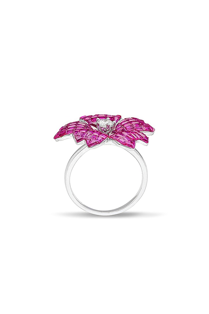White Rhodium Finish Ruby Spinel Stone Floral Ring In Sterling Silver by MISS JO at Pernia's Pop Up Shop