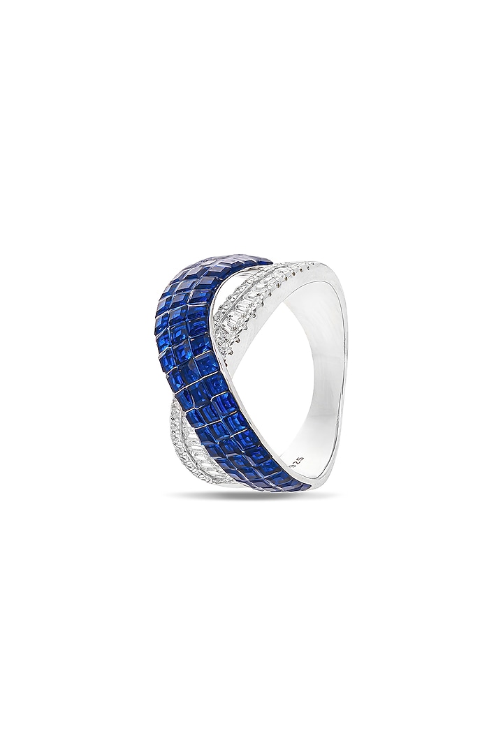 White Rhodium Finish Sapphire Spinel Stone Criss-Cross Ring In Sterling Silver by MISS JO at Pernia's Pop Up Shop