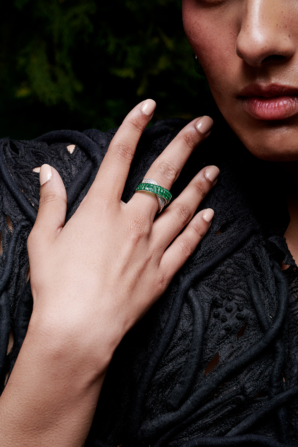 White Rhodium Finish Emerald Spinel Stone Criss-Cross Ring In Sterling Silver by MISS JO at Pernia's Pop Up Shop