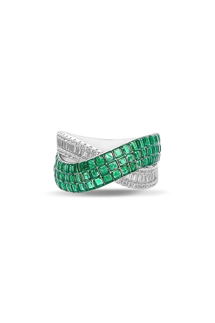 White Rhodium Finish Emerald Spinel Stone Criss-Cross Ring In Sterling Silver by MISS JO at Pernia's Pop Up Shop