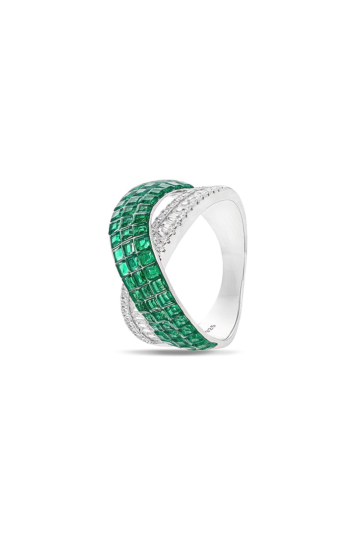 White Rhodium Finish Emerald Spinel Stone Criss-Cross Ring In Sterling Silver by MISS JO at Pernia's Pop Up Shop