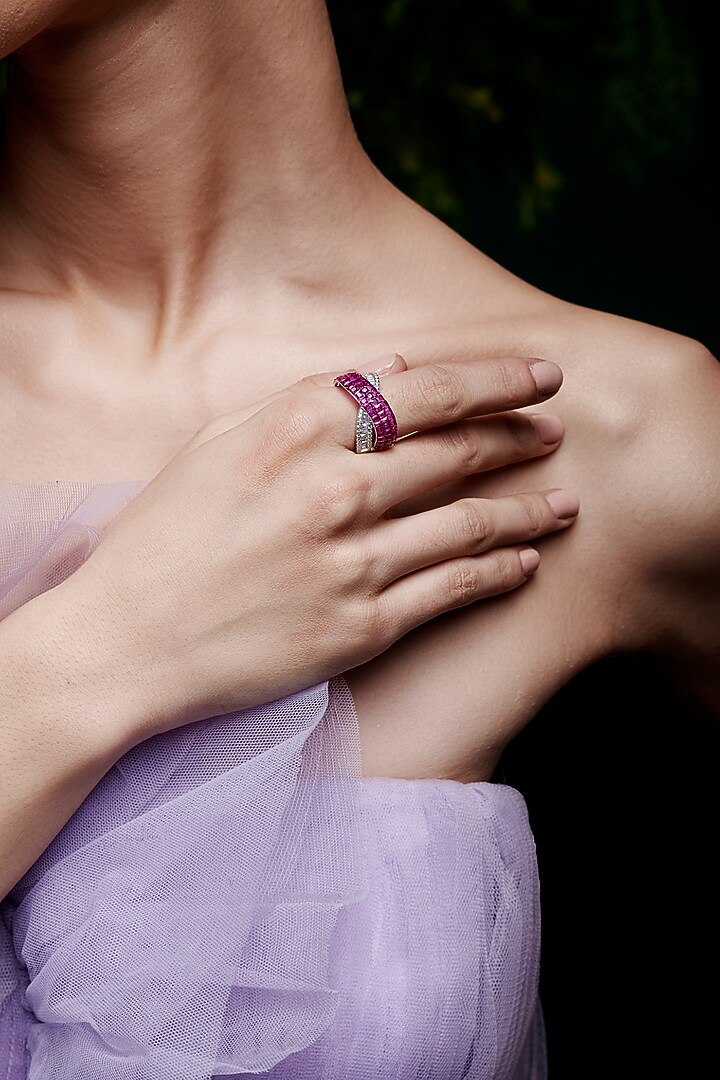 White Rhodium Finish Ruby Spinel Stone Criss-Cross Ring In Sterling Silver by MISS JO at Pernia's Pop Up Shop