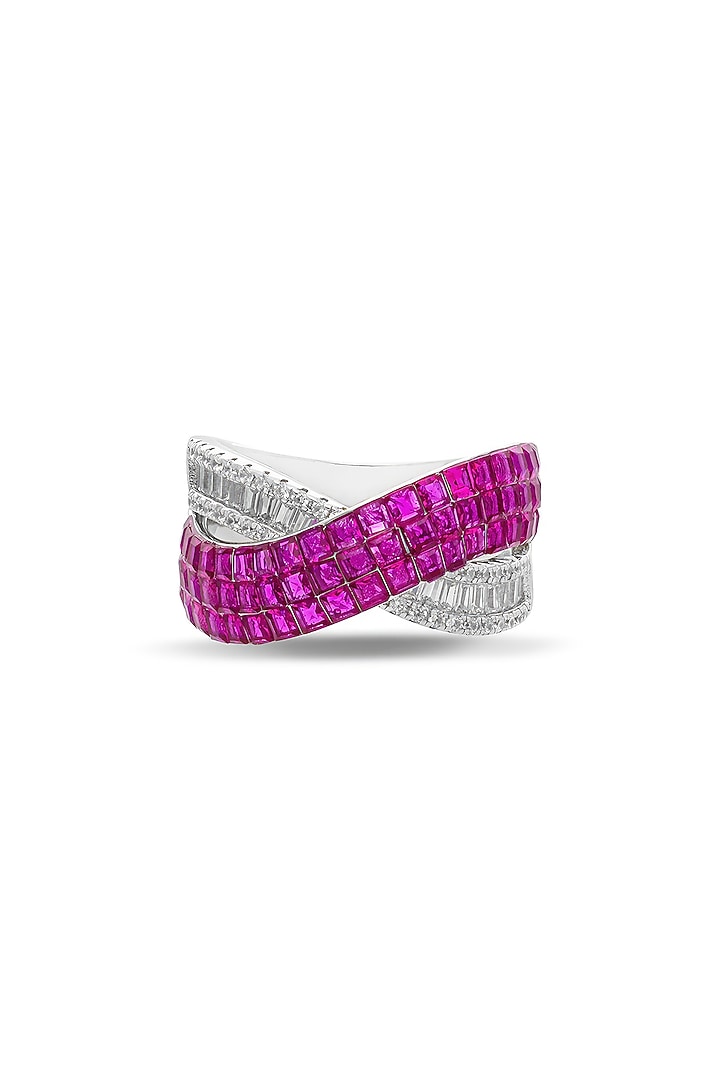 White Rhodium Finish Ruby Spinel Stone Criss-Cross Ring In Sterling Silver by MISS JO at Pernia's Pop Up Shop
