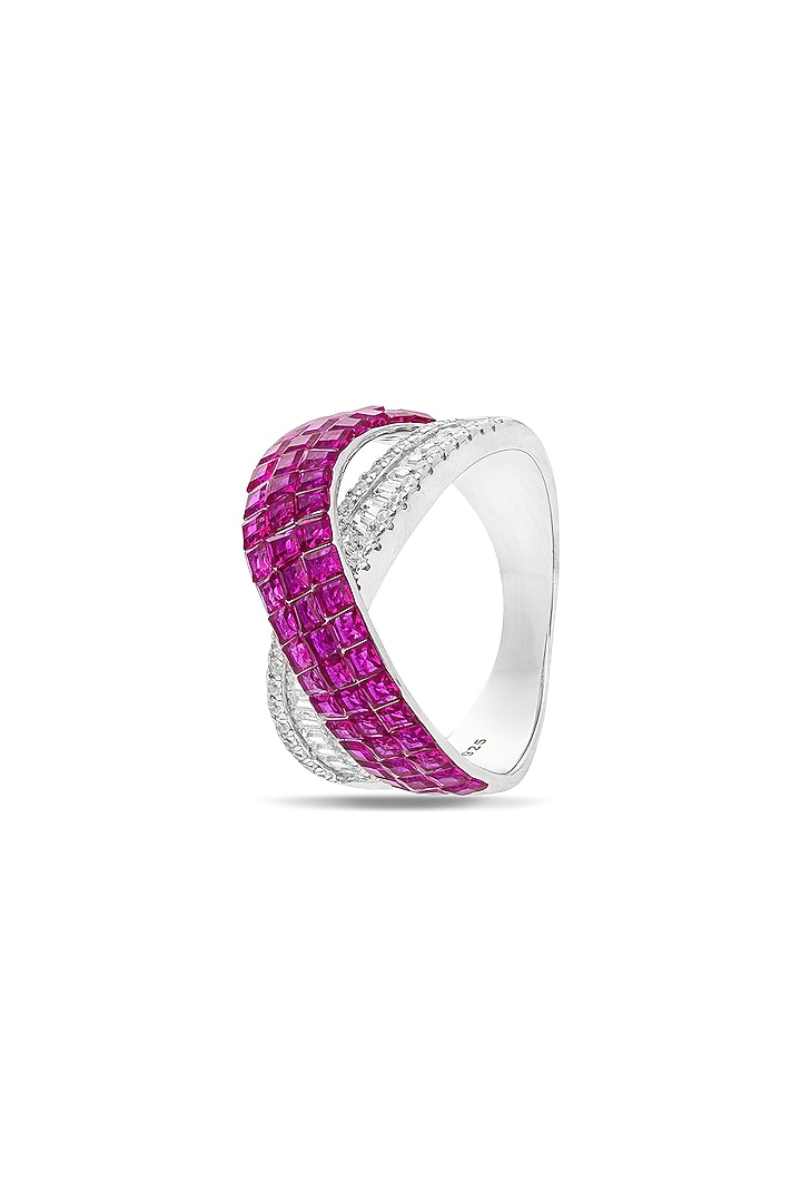 White Rhodium Finish Ruby Spinel Stone Criss-Cross Ring In Sterling Silver by MISS JO at Pernia's Pop Up Shop