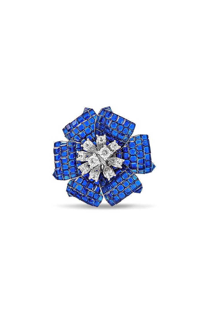 White Rhodium Finish Sapphire Spinel Stone Floral Ring In Sterling Silver by MISS JO at Pernia's Pop Up Shop