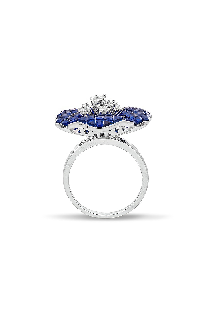 White Rhodium Finish Sapphire Spinel Stone Floral Ring In Sterling Silver by MISS JO at Pernia's Pop Up Shop