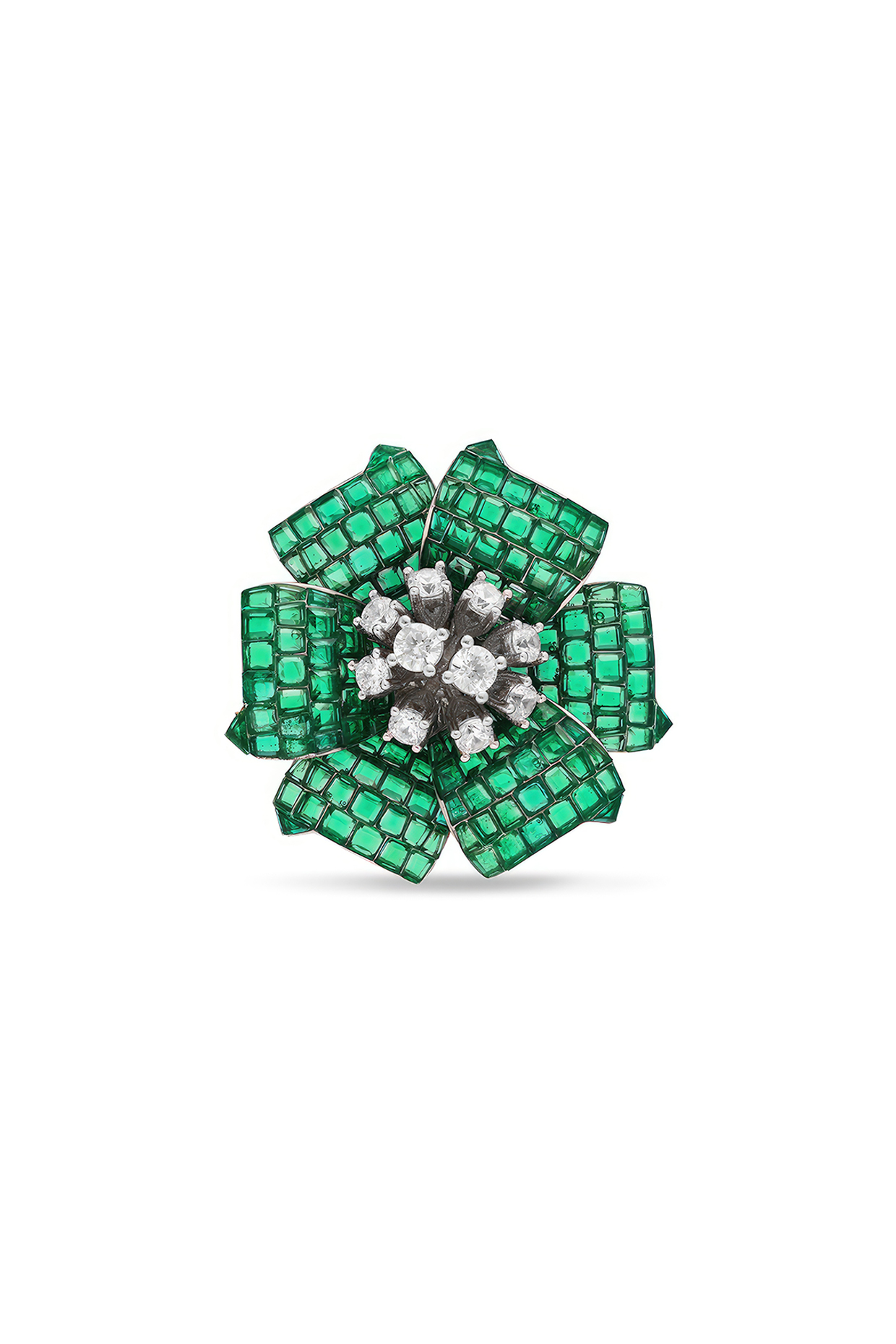 White Rhodium Finish Pearl & Emerald Spinel Stone Floral Ring In Sterling Silver by MISS JO at Pernia's Pop Up Shop
